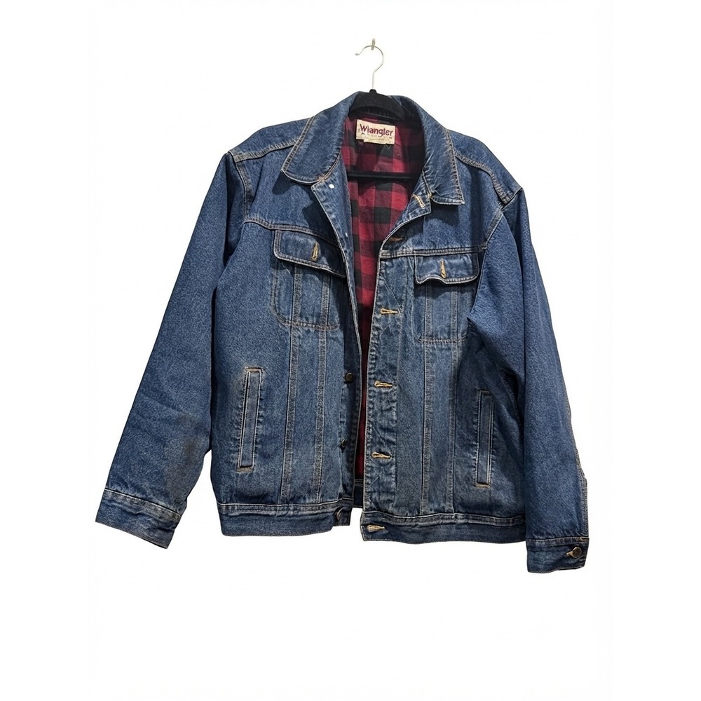 Wrangler Rugged Wear Mens Blue Denim Flannel Lined Trucker Jacket Medium Wash
